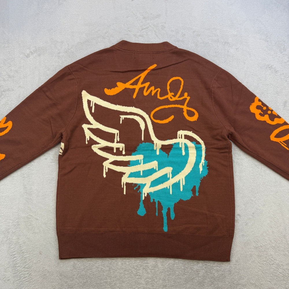 Rebel Minds Cardigan Mens Small Brown Orange Graffiti Cherub Angel Streetwear - Picture 6 of 7